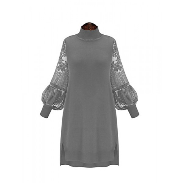 Spring Plus Sizes Women's Solid Color Lace Splice Stand Collar Lantern Sleeve Casual Party Dress