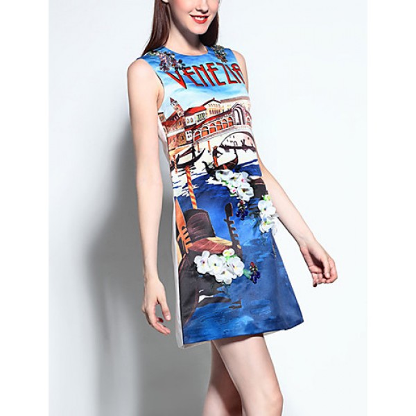 Women's Casual/Daily Street chic A Line Dress,Print Round Neck Above Knee Sleeveless Blue Cotton / Polyester Summer