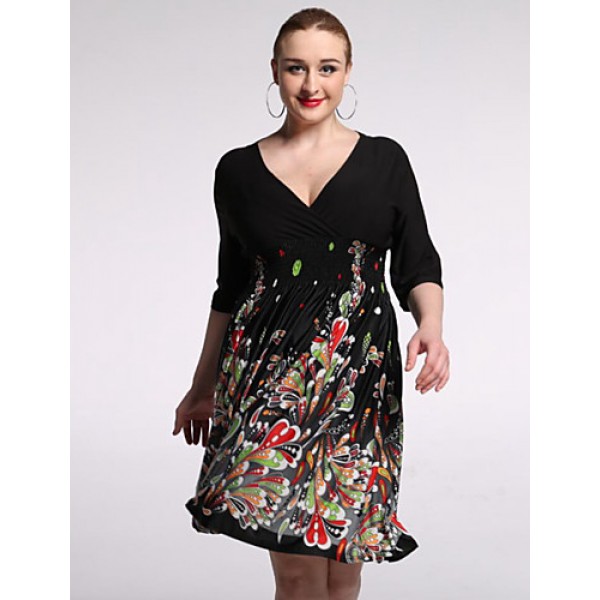 Women's Beach / Plus Size Boho Chiffon Dress,Floral V Neck Knee-length 陆 Length Sleeve Black Polyester / Spandex Summer