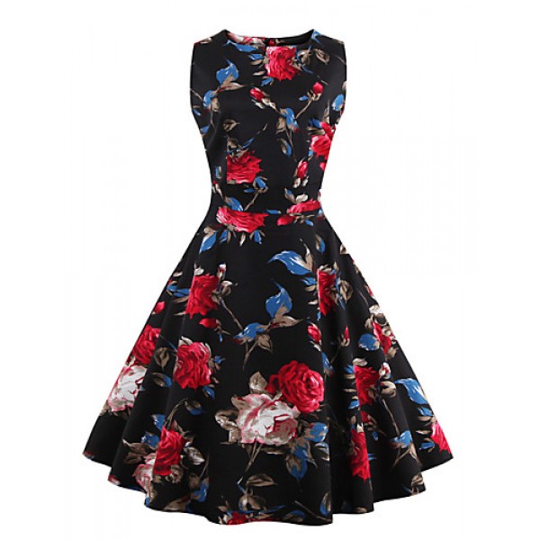 Women's Plus Size Vintage Swing Dress,Floral Round Neck Knee-length Sleeveless Red / White / Black / Multi-color Cotton Summer