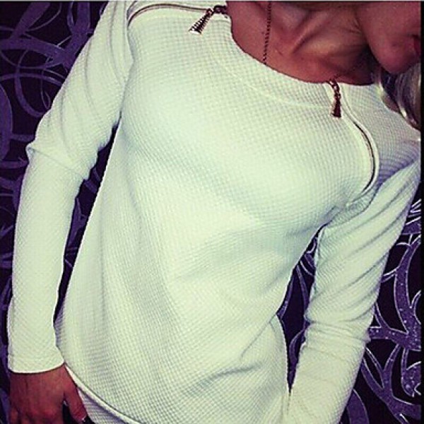 Women's Solid White Hoodies , Vintage Round Neck Long Sleeve