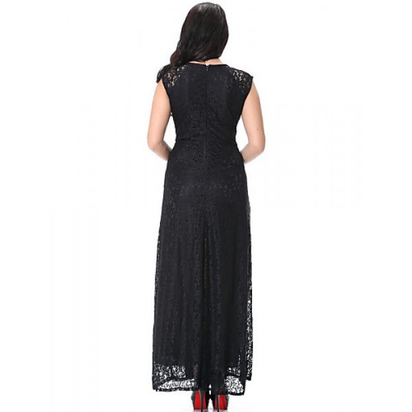Women's Beach Plus Size / Lace Dress,Solid Round Neck Maxi Sleeveless Black Polyester Spring