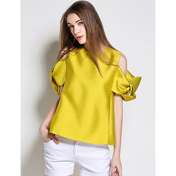  Women's Going out Simple Summer BlouseSolid Crew Neck Short Sleeve Yellow Polyester Medium