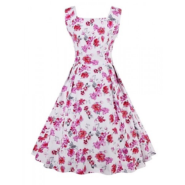Women's Plus Size Vintage Swing Dress,Floral Strap Midi Sleeveless Pink Cotton Summer