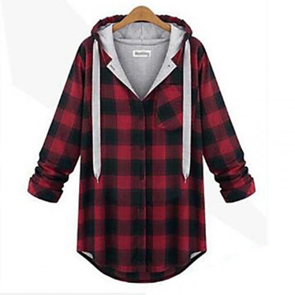 Women's Check Red / Gray Hoodies , Sexy / Plus Sizes Hooded Long Sleeve
