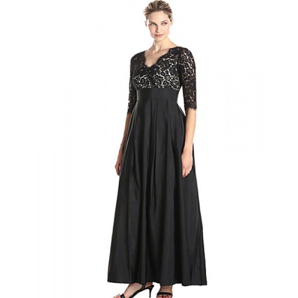 Women's Party/Cocktail Sexy Plus Size / Lace Dress,Solid V Neck Maxi ? Length Sleeve Black Polyester Spring