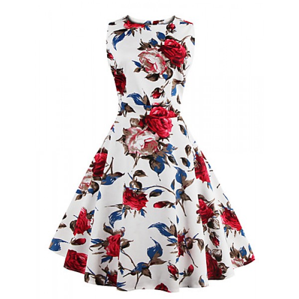 Women's Plus Size Vintage Swing Dress,Floral Round Neck Knee-length Sleeveless Red / White / Black / Multi-color Cotton Summer