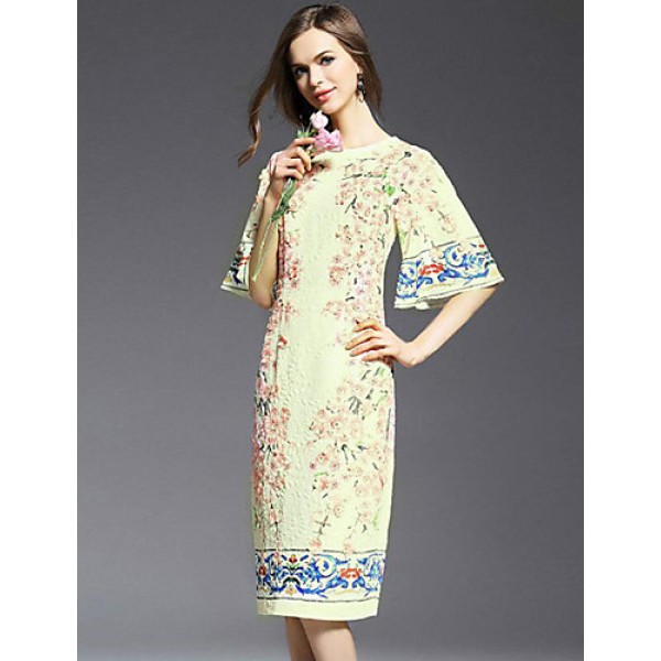 Casual/Daily Simple Sheath Dress,Print Round Neck Knee-length ? Length Sleeve White Others Summer Mid Rise