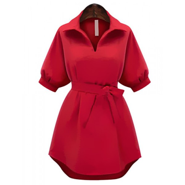 Women's Plus Size Simple Sheath Dress,Solid Shirt Collar Above Knee ? Length Sleeve Red / Black Polyester Summer