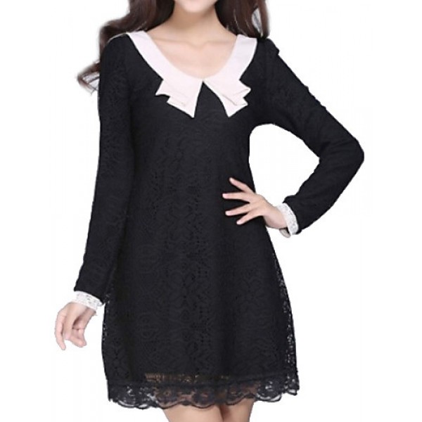 Women's Solid White / Black Dress , Casual Round Neck Long Sleeve