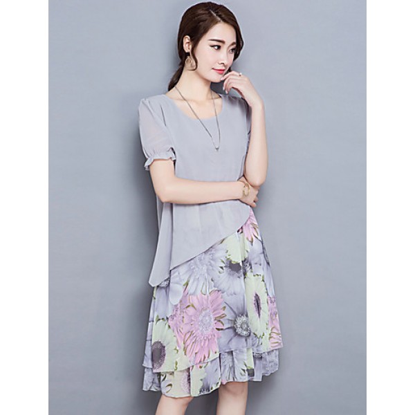 Women's Going out Street chic Plus Size / Chiffon Dress,Floral Round Neck Knee-length Short Sleeve Gray Summer