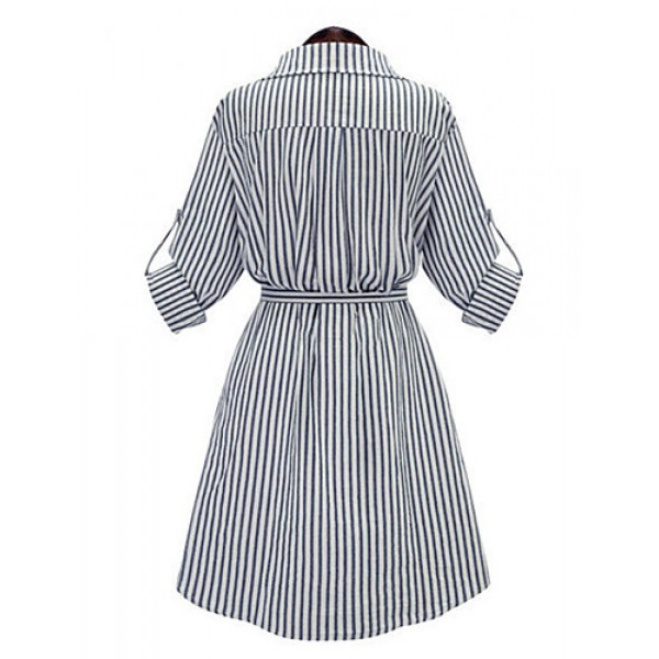 Women's Plus Size Street chic Shirt DressStriped Shirt Collar Above KneeSleeve Blue Polyester Spring / Fall Mid