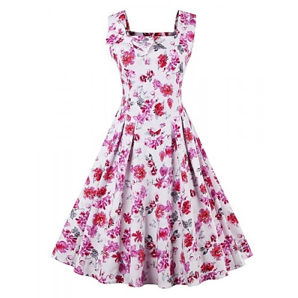 Women's Plus Size Vintage Swing Dress,Floral Strap Midi Sleeveless Pink Cotton Summer