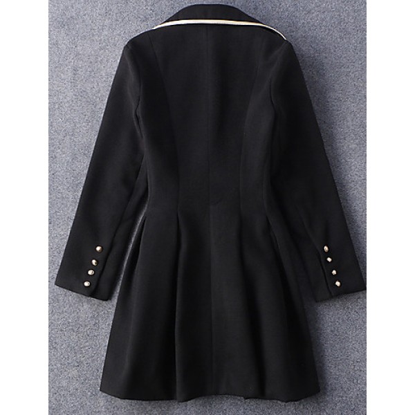  Women's Going out Vintage Coat,Solid Notch Lapel Long Sleeve Winter Black Wool Opaque