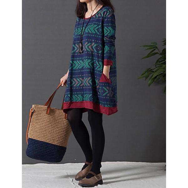Casual/Daily / Plus Size Cute Dress Round Neck Above Knee Long Sleeve Blue Cotton / Linen Spring / Fall / Winter Inelastic Medium