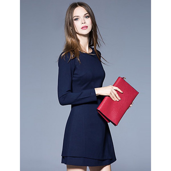 Boutique S Women's Formal Simple Sheath DressSolid Round Neck Above Knee Long Sleeve Blue Cotton / Polyester Spring