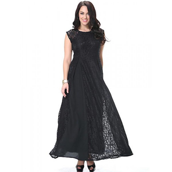 Women's Beach Plus Size / Lace Dress,Solid Round Neck Maxi Sleeveless Black Polyester Spring