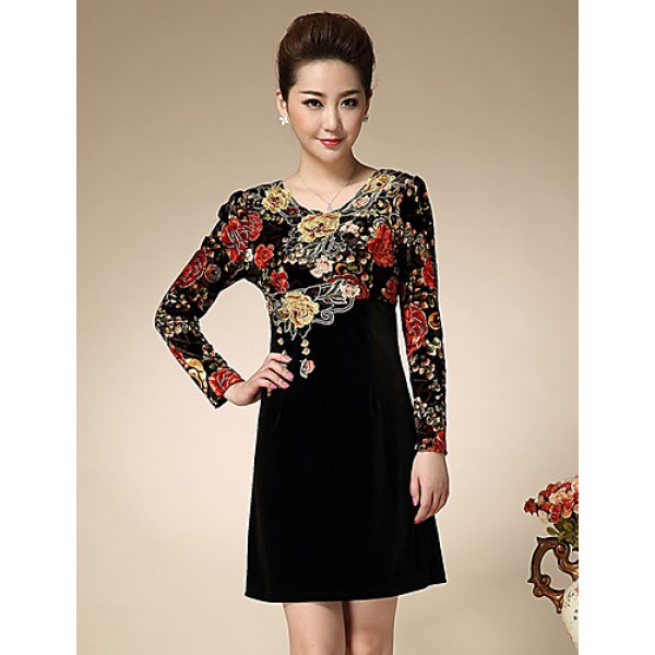 Women's Casual/Daily Simple Sheath Dress,Embroidered Round Neck Above Knee Long Sleeve Red / Orange Polyester Spring