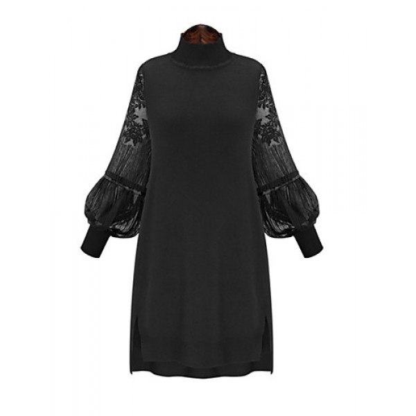 Spring Plus Sizes Women's Solid Color Lace Splice Stand Collar Lantern Sleeve Casual Party Dress
