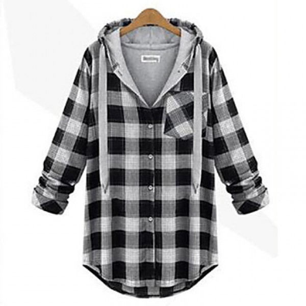 Women's Check Red / Gray Hoodies , Sexy / Plus Sizes Hooded Long Sleeve