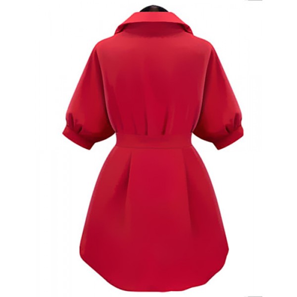 Women's Plus Size Simple Sheath Dress,Solid Shirt Collar Above Knee ? Length Sleeve Red / Black Polyester Summer