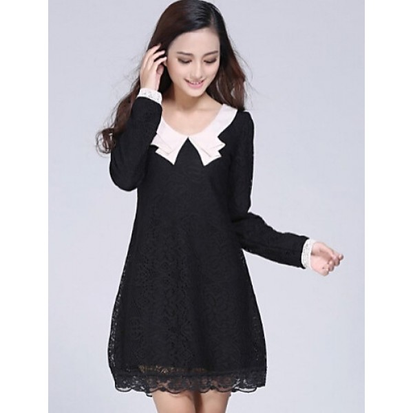 Women's Solid White / Black Dress , Casual Round Neck Long Sleeve