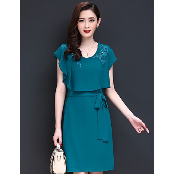 Women's Going out Vintage / Simple Sheath / Chiffon Dress,Embroidered Round Neck Above Knee Short Sleeve