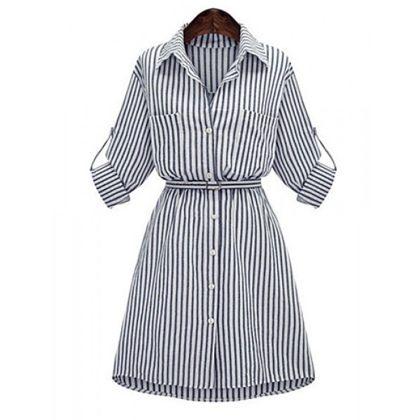 Women's Plus Size Street chic Shirt DressStriped Shirt Collar Above KneeSleeve Blue Polyester Spring / Fall Mid