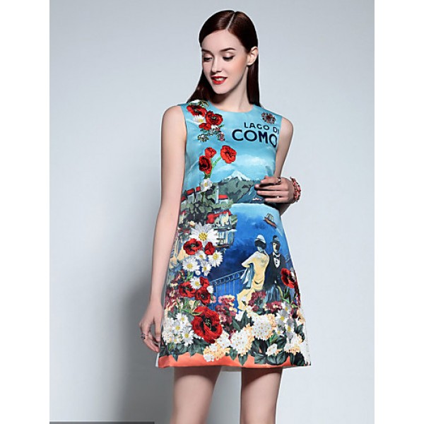 Boutique S Women's Casual/Daily Cute A Line Dress,Print Round Neck Above Knee Sleeveless Blue Cotton Summer