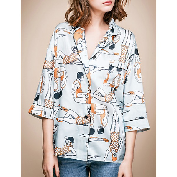 LIANGSANSHIWomen's Casual/Daily Street chic Summer Shirt,Print Shirt Collar ? Sleeve Blue Polyester / Others Thin