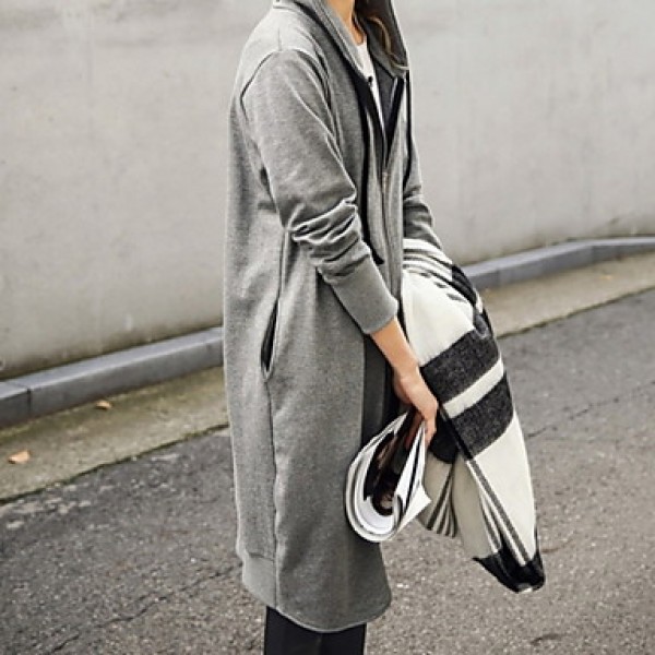 Women's Solid Blue / Gray Hoodies , Casual Hooded Long Sleeve