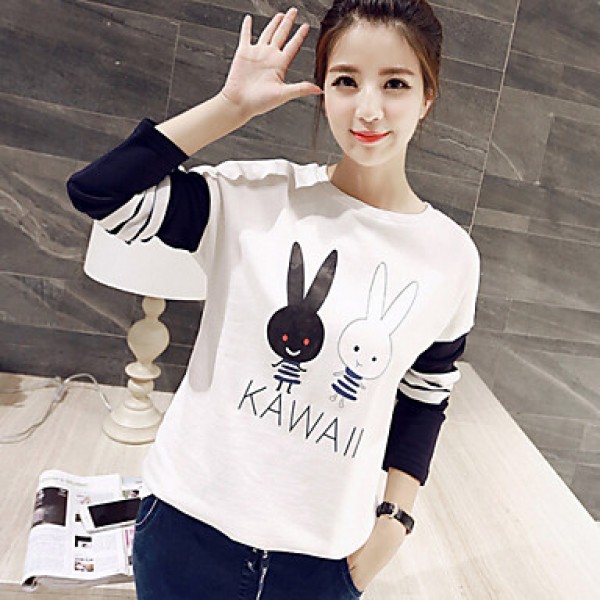 Women's Cute Character White / Black Hoodies , Casual / Plus Sizes Round Neck Long Sleeve