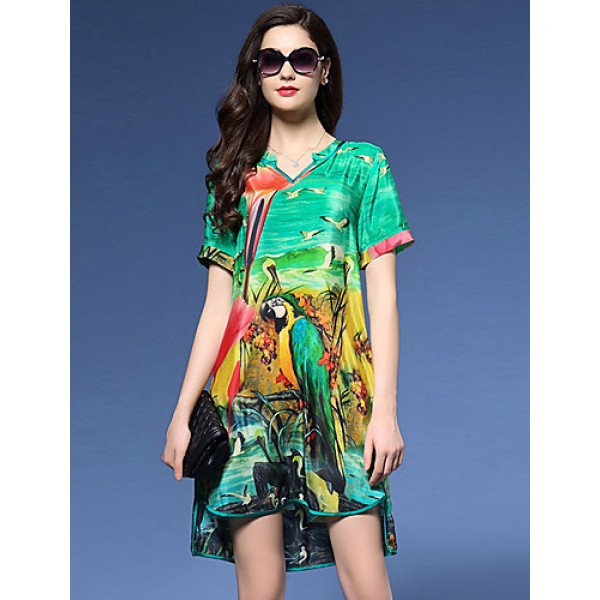 Women's Vintage Print Plus Size / Loose Dress,V Ne...