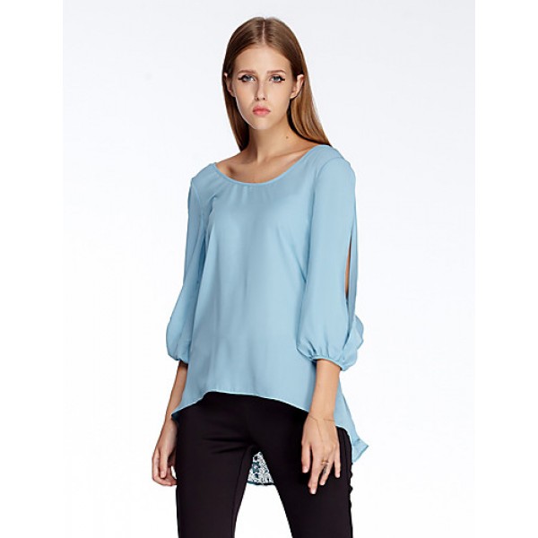 Women's Going out Simple Summer Blouse,Solid Round Neck ? Sleeve Blue Polyester Thin