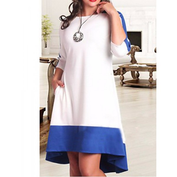 Women's Casual/Daily / Plus Size Simple Loose Dress,Color Block Round Neck Knee-length ? Sleeve Blue / Red / White Polyester Summer