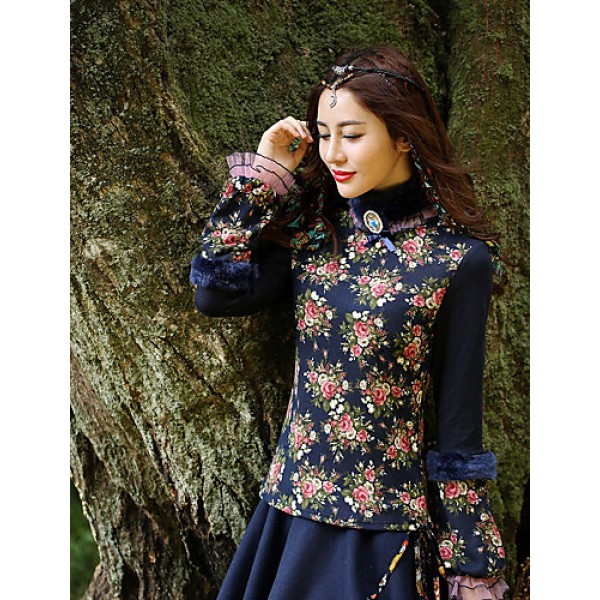 Our StoryGoing out Vintage Spring / Fall T-shirtFloral Crew Neck Long Sleeve Blue Cotton / Polyester / Spandex Medium