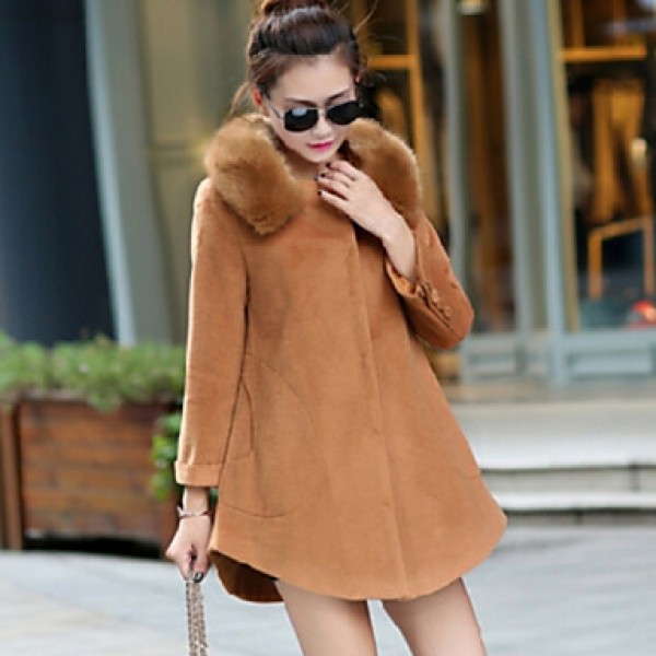 Maternity Fashion Elegant Fur Lapel Pure Color Coat , Casual Long Sleeve